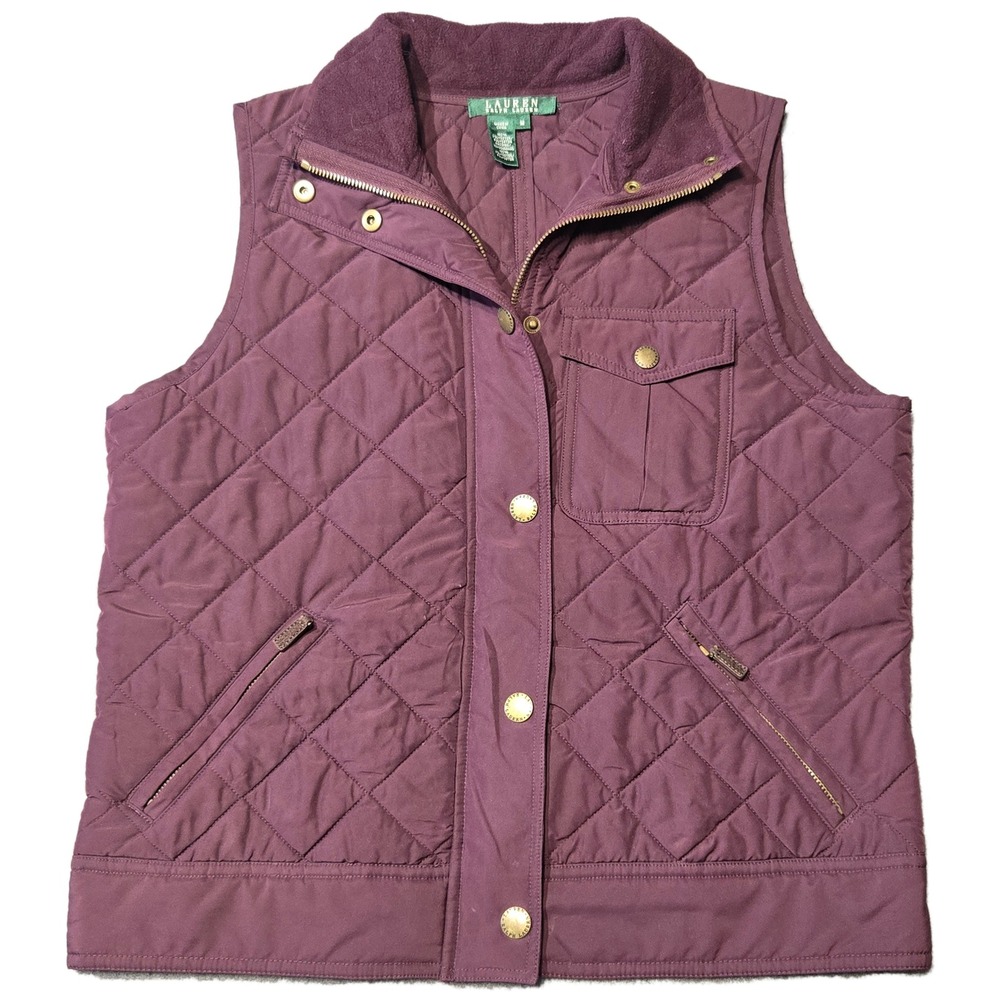 Lauren Ralph Lauren Womens Quilted Vest Burgundy Maroon‎ Collar Size M